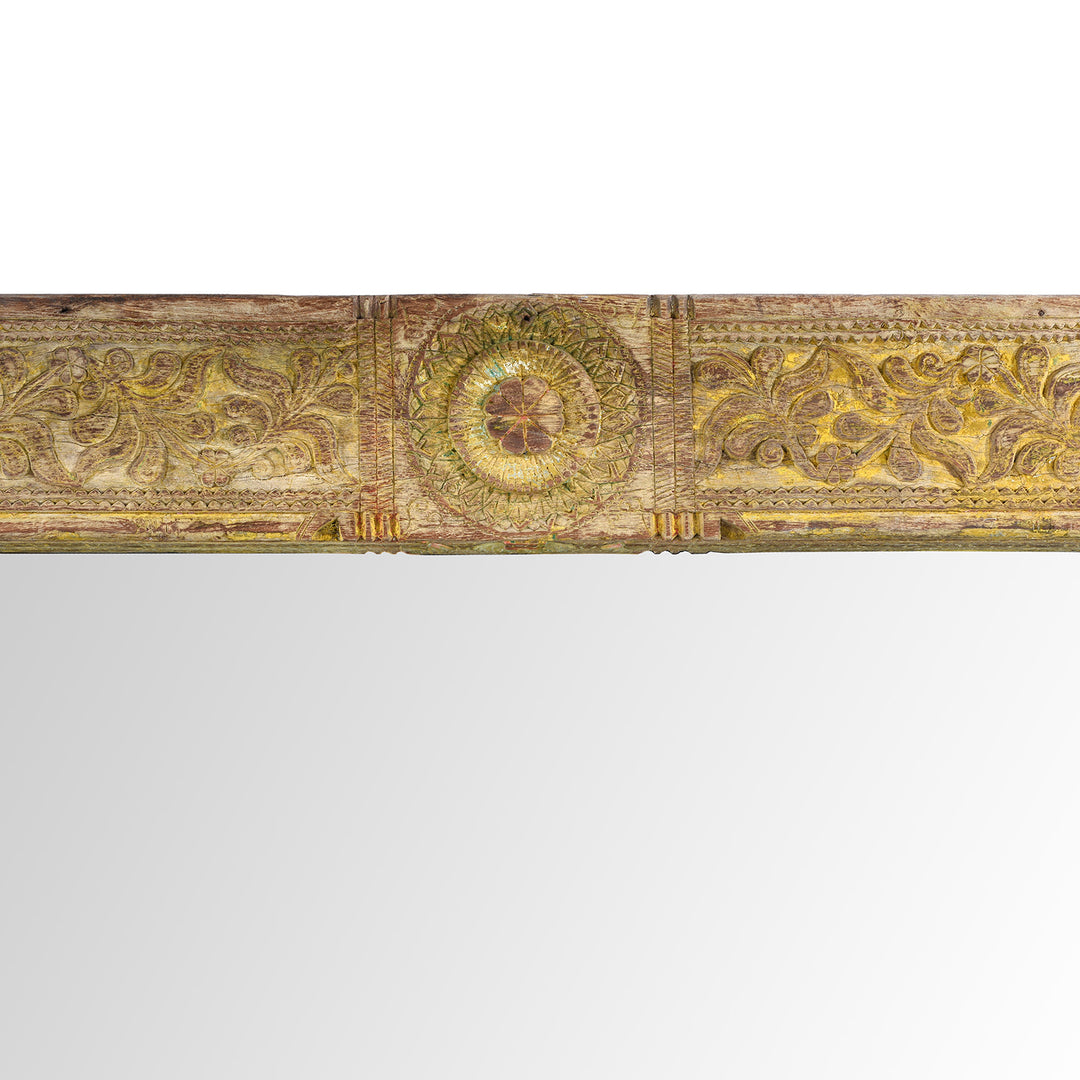 Carving Detail From Yellow Carved Painted Teak Door Mirror From Andhra Pradesh | Indigo Antiques