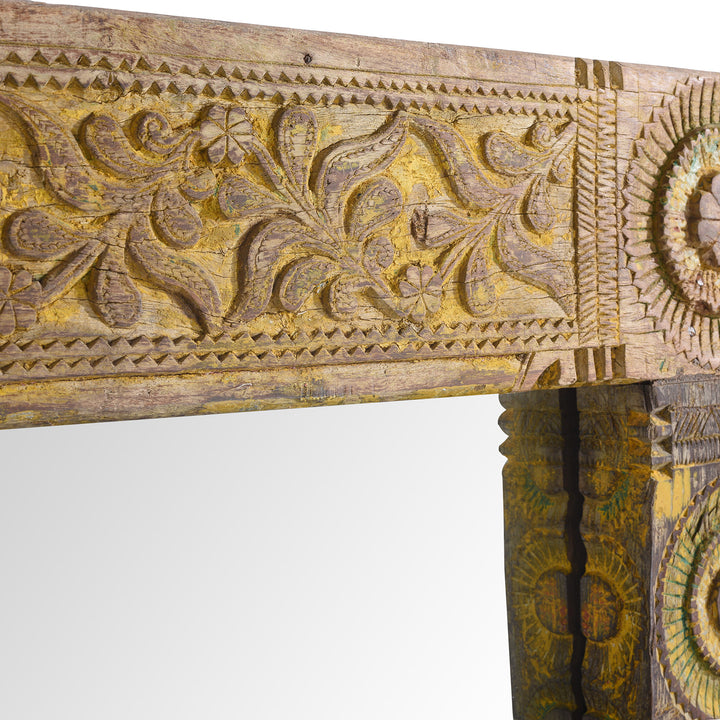 Carving Detail From Yellow Carved Painted Teak Door Mirror From Andhra Pradesh | Indigo Antiques