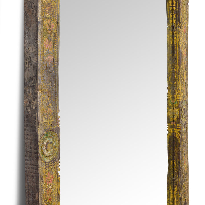 Depth Detail From Yellow Carved Painted Teak Door Mirror From Andhra Pradesh | Indigo Antiques