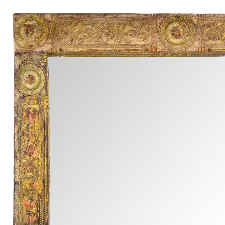 Corner Detail From  Yellow Carved Painted Teak Door Mirror From Andhra Pradesh | Indigo Antiques