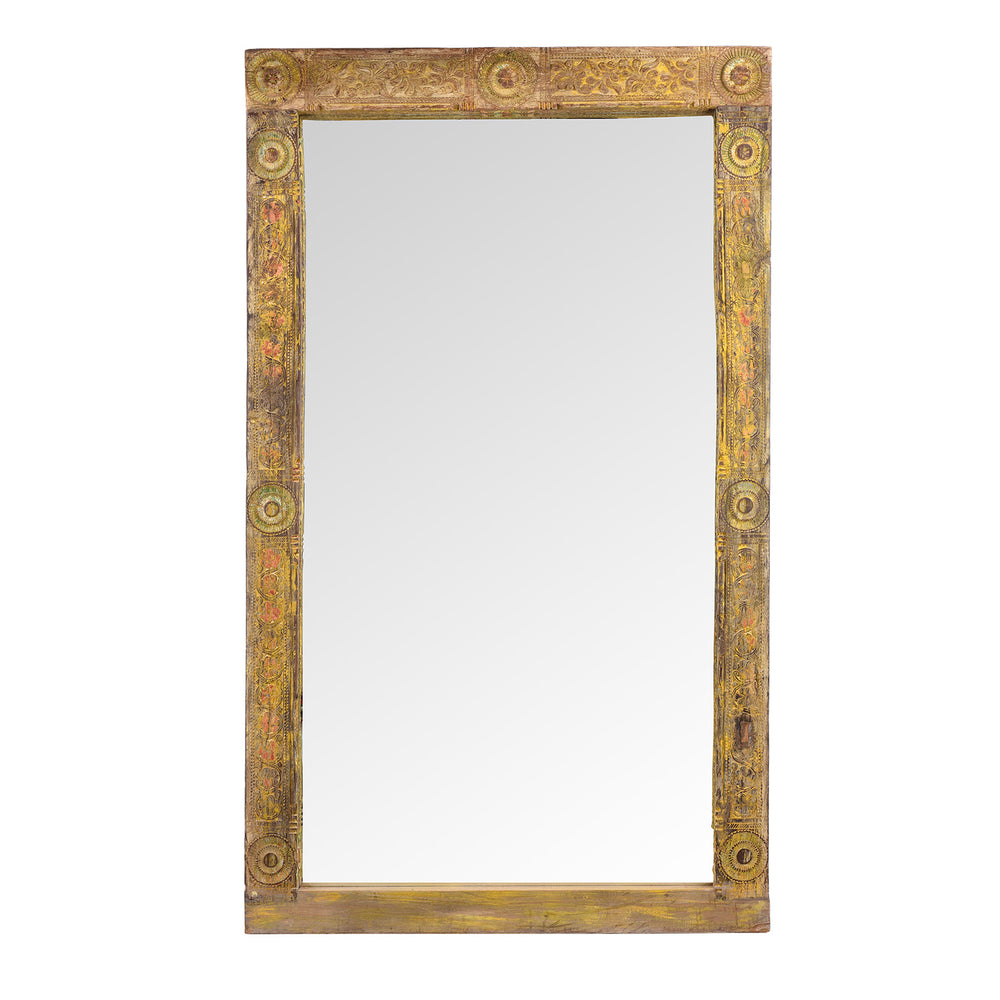 Yellow Carved Painted Teak Door Mirror From Andhra Pradesh | Indigo Antiques
