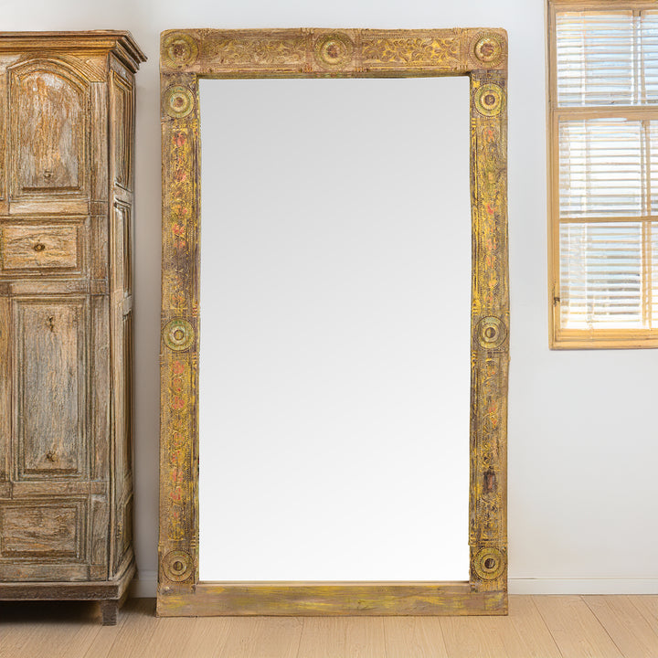 Yellow Carved Painted Teak Door Mirror From Andhra Pradesh | Indigo Antiques