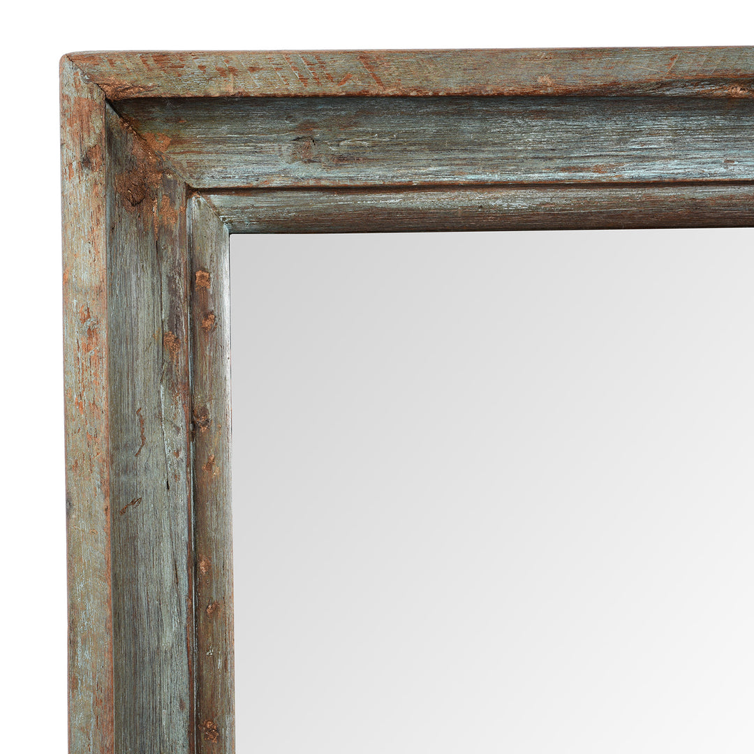 Corner Detail From Blue Painted Mirror Made From Old Architectural Teak | Indigo Antiques