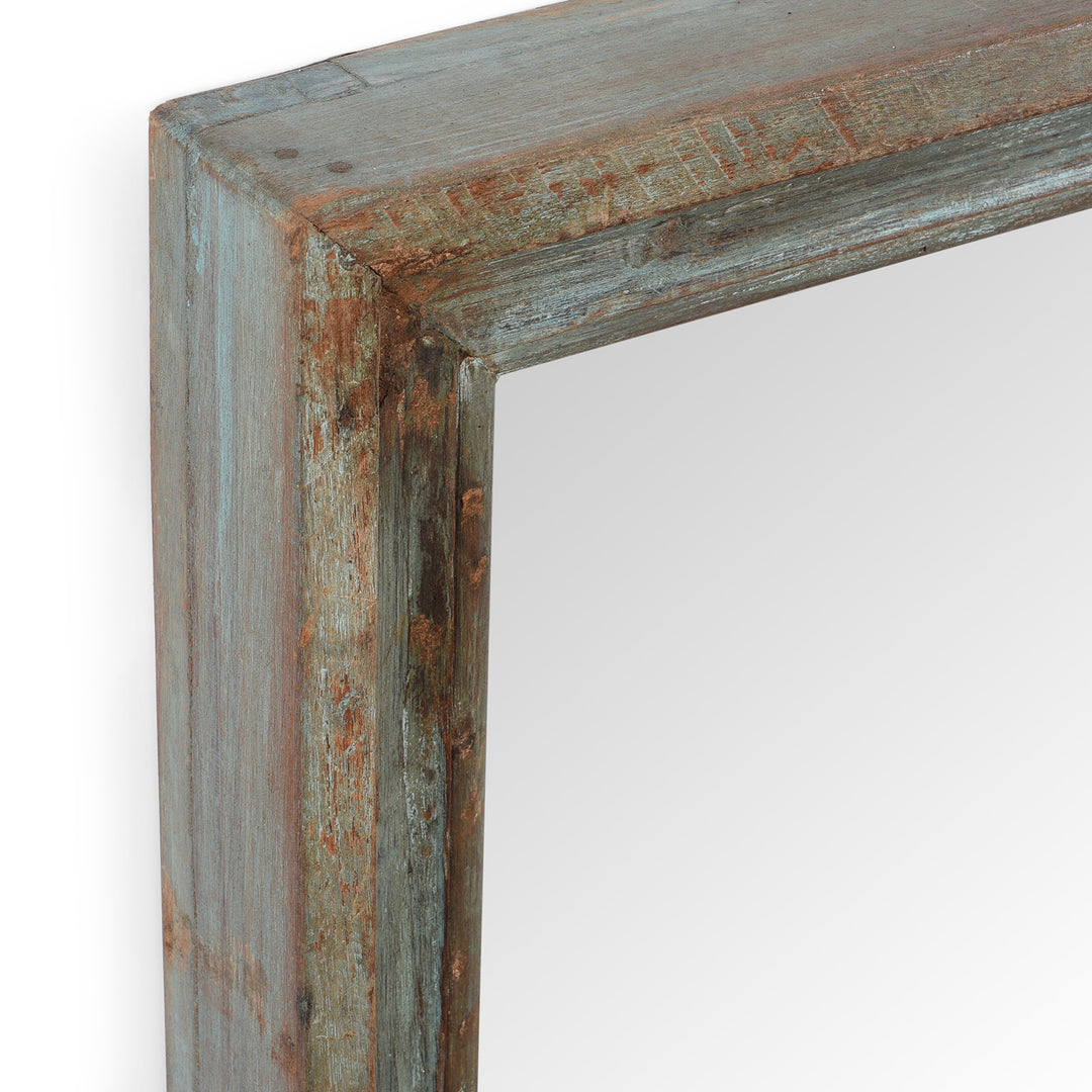 Depth View Of Blue Painted Mirror Made From Old Architectural Teak | Indigo Antiques