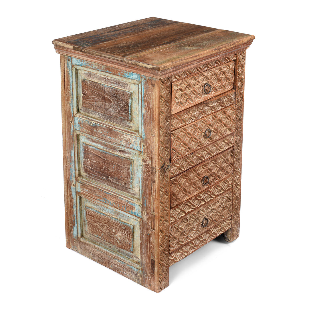 Angled View Of 4 Drawer Bedside Cabinet Made From Reclaimed Teak | Indigo Antiques