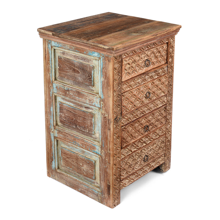 Angled View Of 4 Drawer Bedside Cabinet Made From Reclaimed Teak | Indigo Antiques