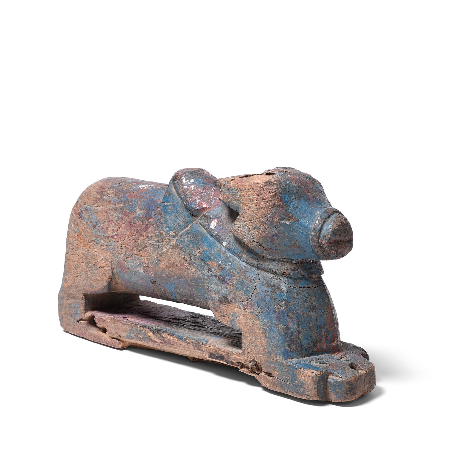 Angled View Of Painted Teak Nandi Bull Toy From Rajasthan | Indigo Antiques