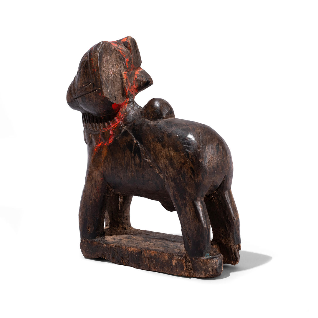 Rear View Of 19th Century Carved Teak Nandi Bull With Red Pigment From Andhra Pradesh