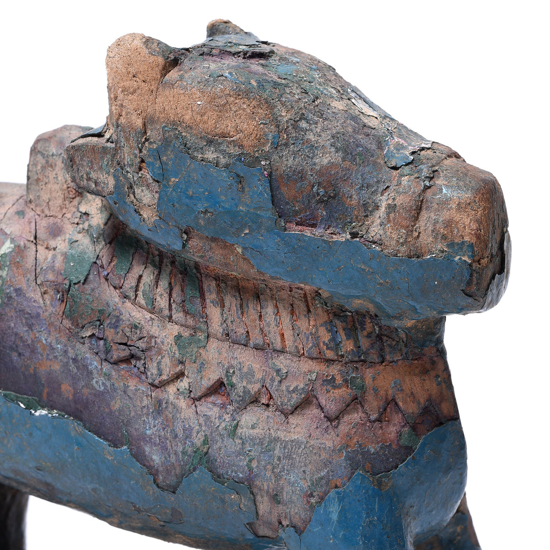 Face Detail From Antique Painted Indian Teak Nandi Bull Toy From Rajasthan | INDIGO ANTIQUES