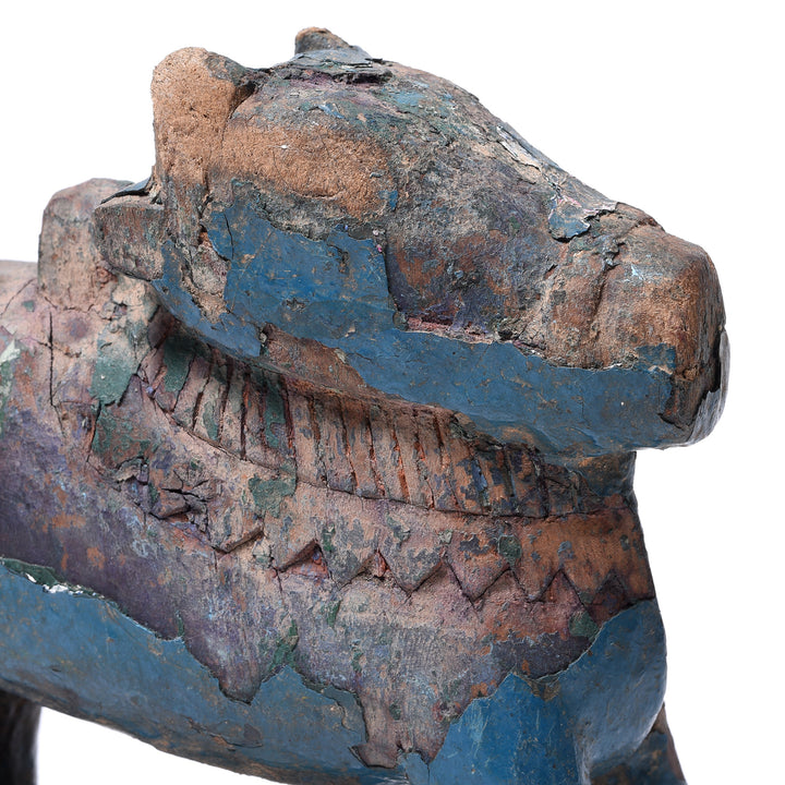 Face Detail From Antique Painted Indian Teak Nandi Bull Toy From Rajasthan | INDIGO ANTIQUES
