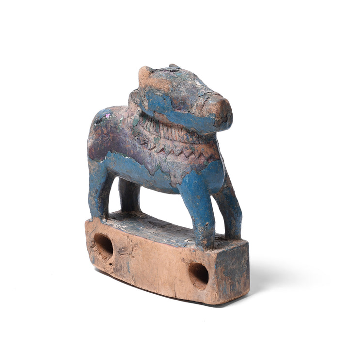 Angled View Of Antique Painted Indian Teak Nandi Bull Toy From Rajasthan | INDIGO ANTIQUES