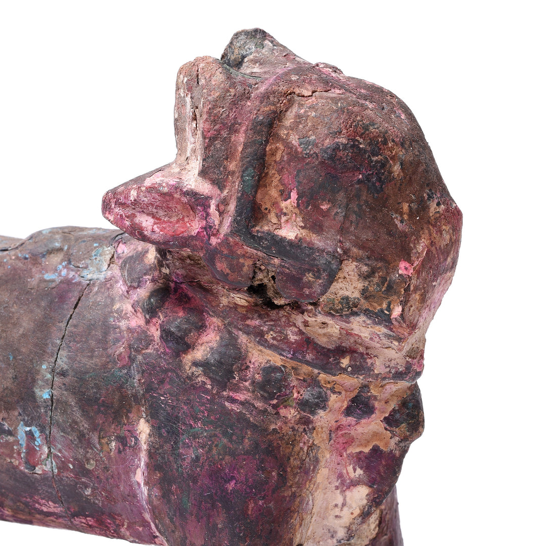 Face Detail From Painted Teak Nandi Bull Toy From Rajasthan  | INDIGO ANTIQUES