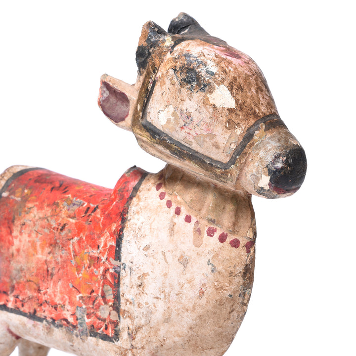 Face Detail From Painted Teak Nandi Bull Toy From Rajasthan | INDIGO ANTIQUES