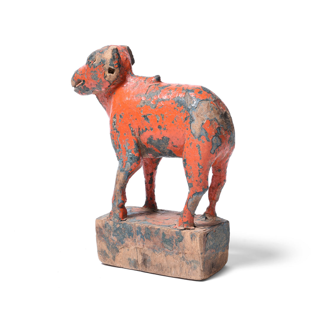 Rear View Of Painted Teak Nandi Bull Toy From Rajasthan | INDIGO ANTIQUES