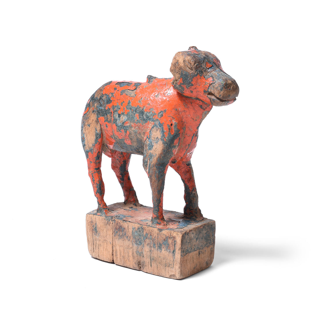 Angled View Of Painted Teak Nandi Bull Toy From Rajasthan | INDIGO ANTIQUES