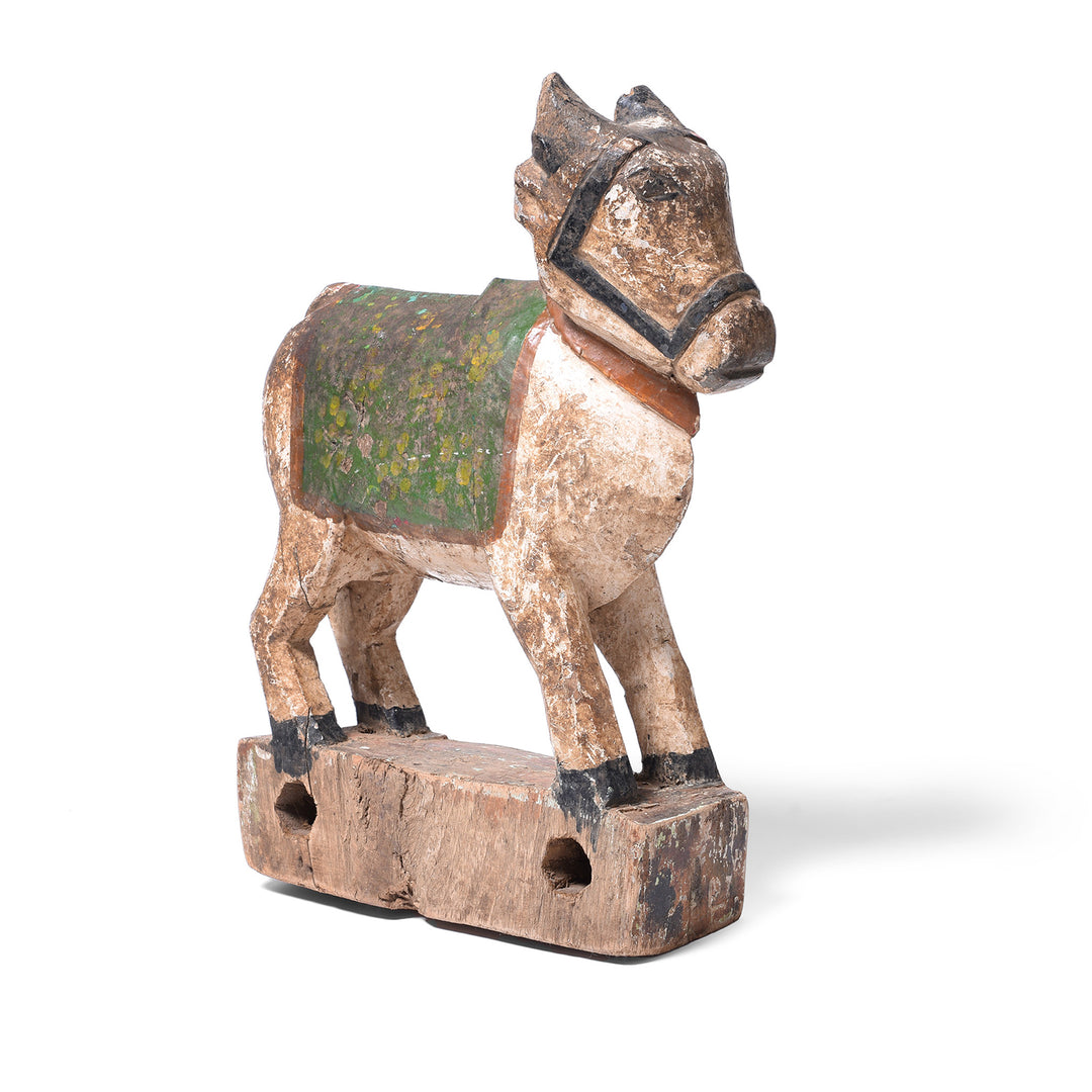 Angled VIew Of Painted Teak Nandi Bull Toy From Rajasthan | INDIGO ANTIQUES