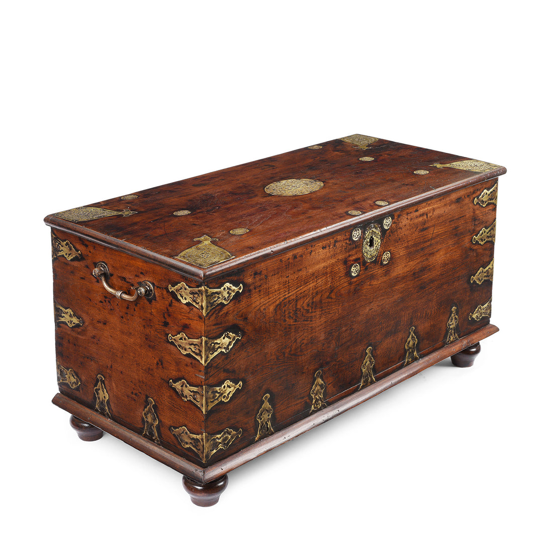 Angled VIew Of Antique Brass Bound Teak Chest From Rann Of Kutch | Indigo Antiques
