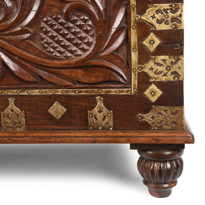 Bottom Corner Detail Showing Carving, Metalwork And Leg From Antique Carved Malabar Chest From Kutch | Indigo Antiques