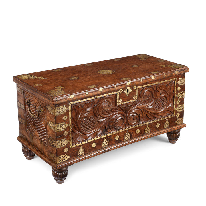 Angled View Of Antique Carved Malabar Chest From Kutch | Indigo Antiques