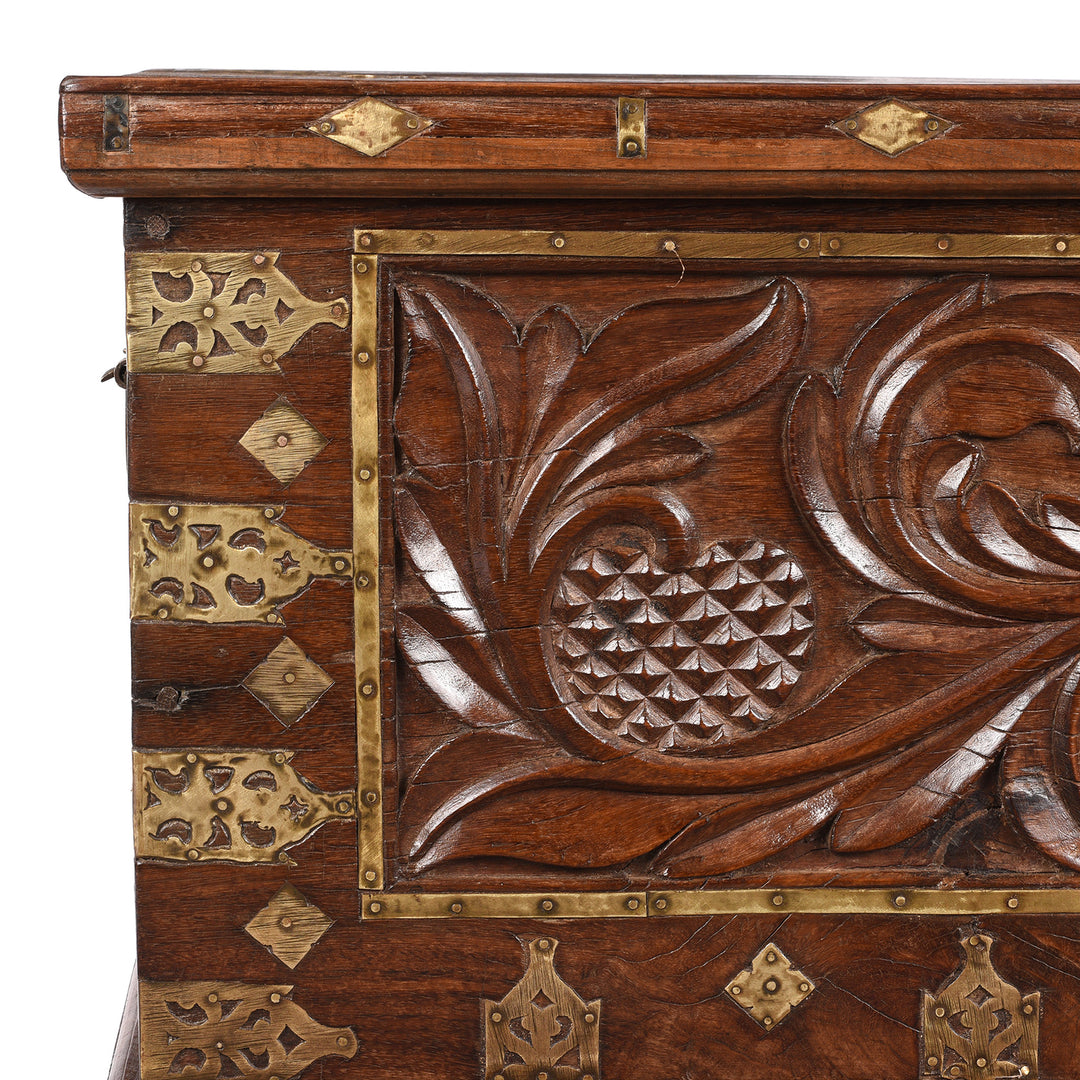 Corner Detail Showing Metalwork And Carving From Antique Carved Malabar Chest From Kutch | Indigo Antiques