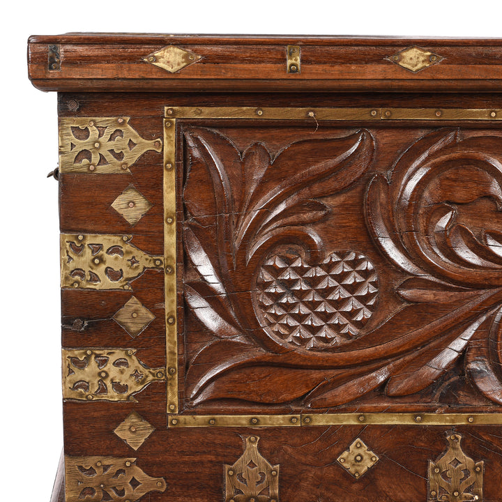 Corner Detail Showing Metalwork And Carving From Antique Carved Malabar Chest From Kutch | Indigo Antiques