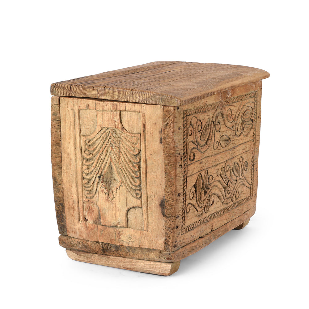Angled View Of Antique Old Cedar Himachal Pradesh Carved Chest | Indigo Antiques