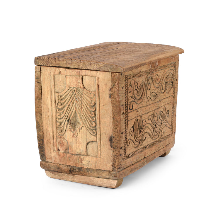 Angled View Of Antique Old Cedar Himachal Pradesh Carved Chest | Indigo Antiques
