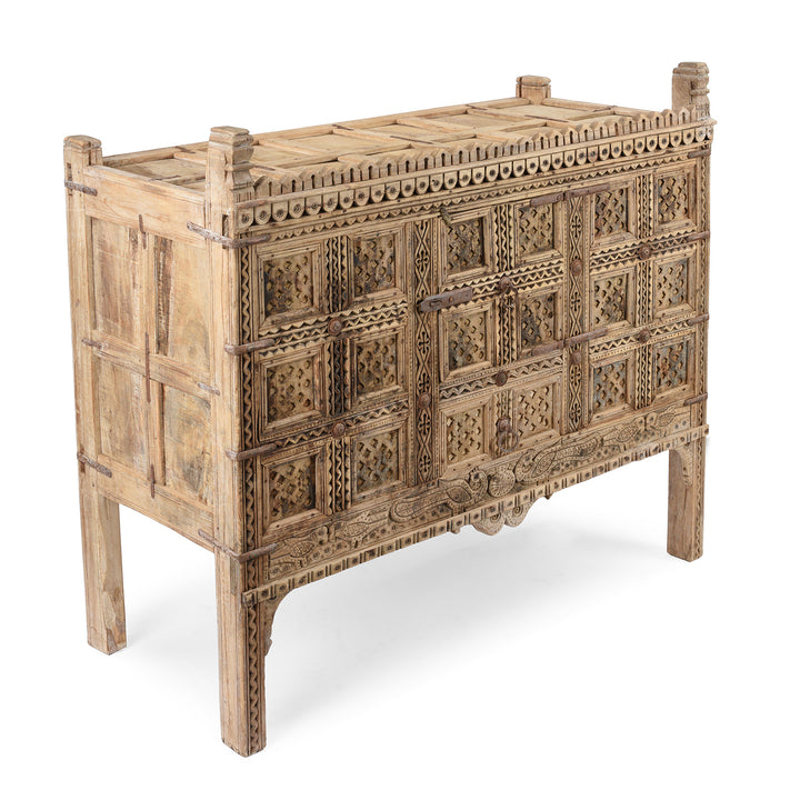 Angled View Of Antique Indian Damchiya Dowry Chest From Kutch | Indigo Antiques