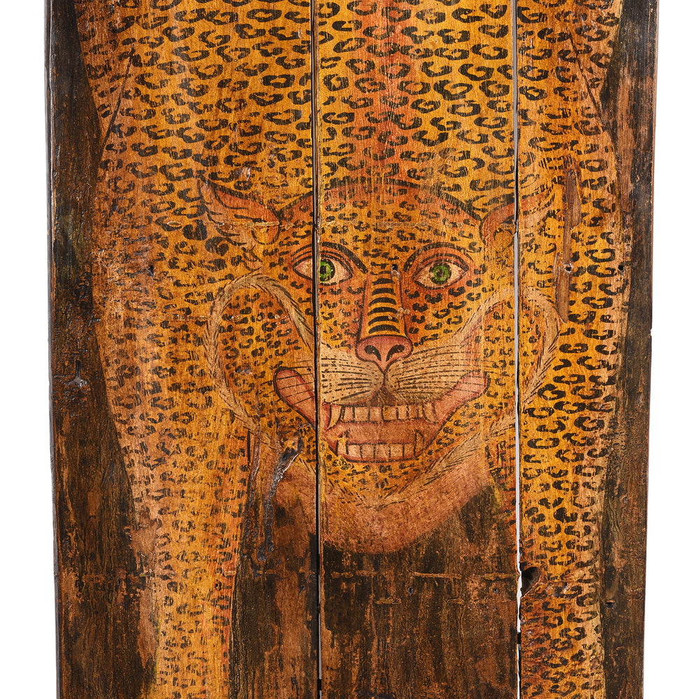 Face Detail From Vintage Painted Leopard Panel From Madhya Pradesh | INDIGO ANTIQUES