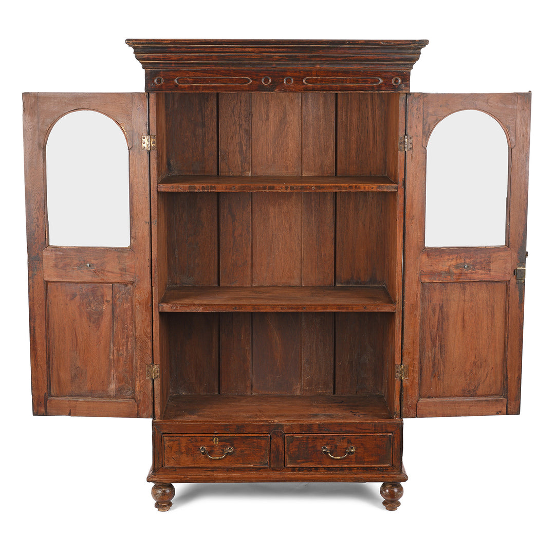 Open Doors View Of Antique Teak Almirah Cabinet With Sunburst Panels | Indigo Antiques