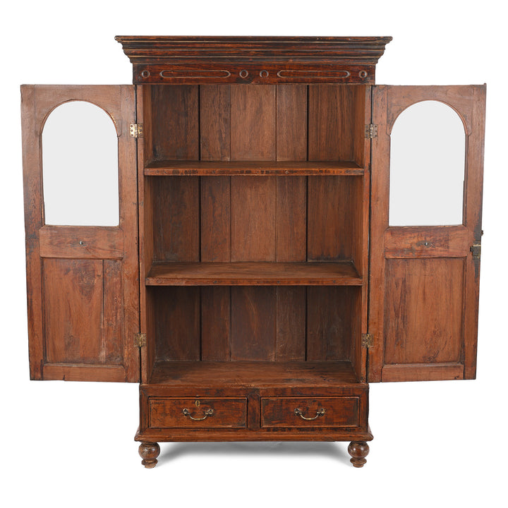 Open Doors View Of Antique Teak Almirah Cabinet With Sunburst Panels | Indigo Antiques