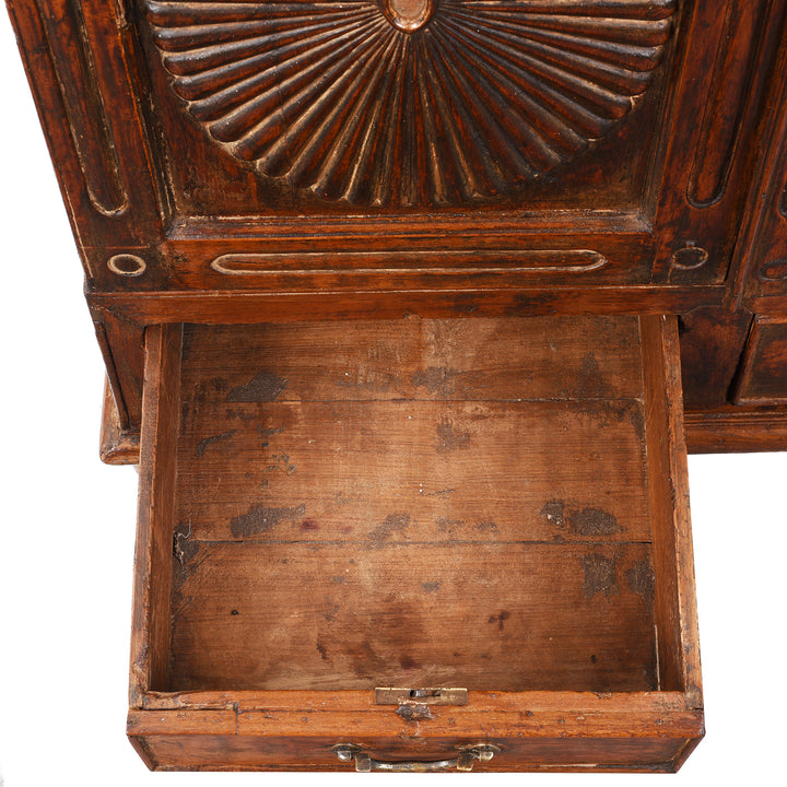 Drawer Detail From Antique Teak Almirah Cabinet With Sunburst Panels | Indigo Antiques
