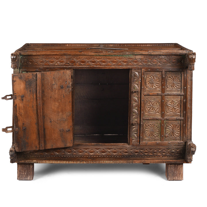 Open Door VIew Showing Interior Of Antique Indian Majus Dowry Chest | Indigo Antiques