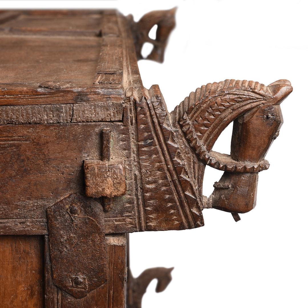 Horse Head Detail From Antique Indian Majus Dowry Chest | Indigo Antiques
