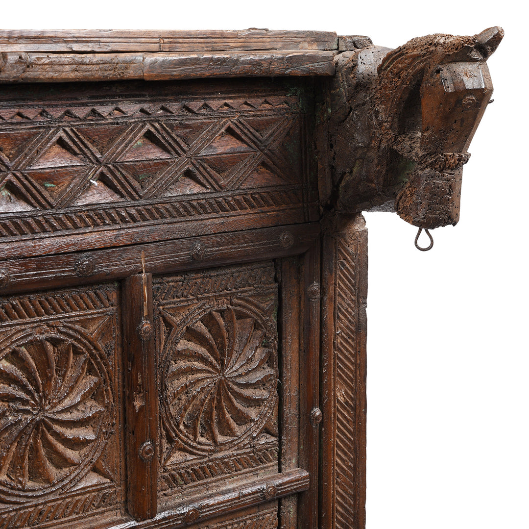 Horse Head Detail From Antique Indian Majus Dowry Chest | Indigo Antiques