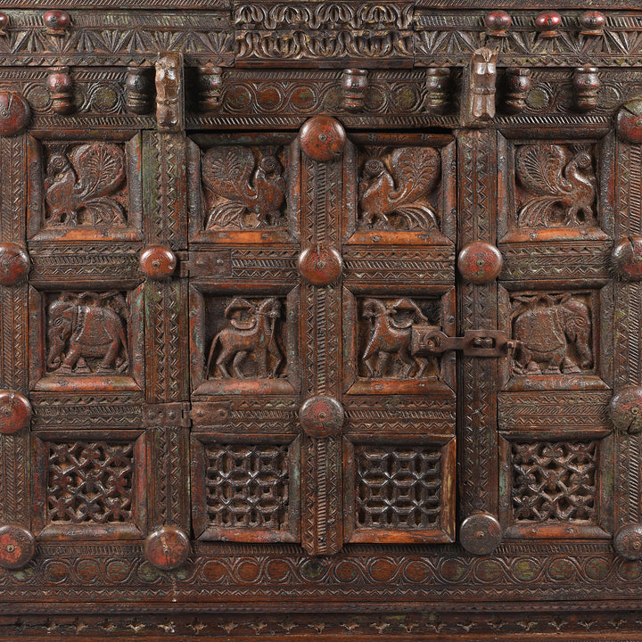 Carving Detail From Antique Indian Teak Majus Dowry Chest From Saurashtra | Indigo Antiques