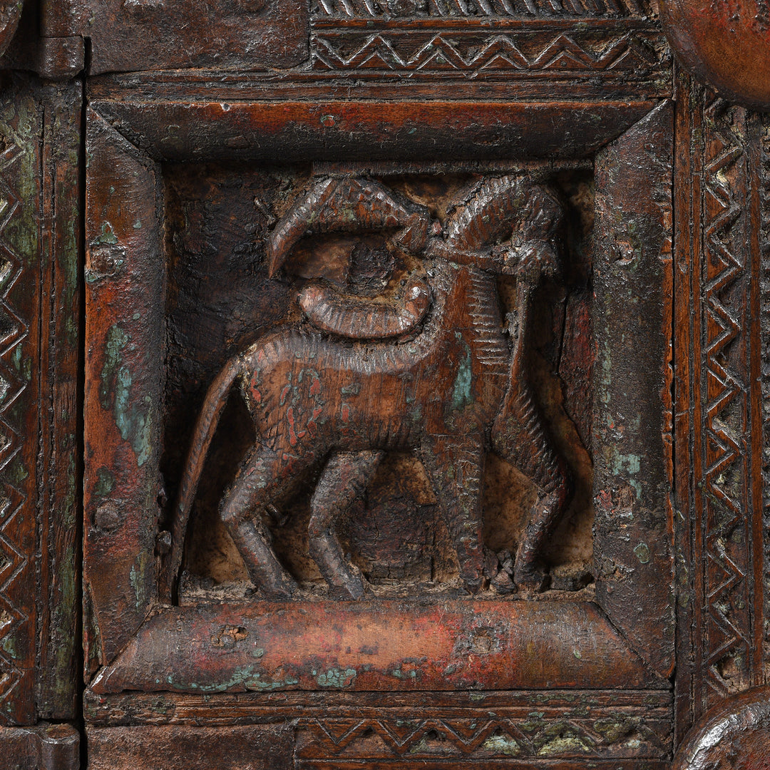Carving Detail From Antique Indian Teak Majus Dowry Chest From Saurashtra | Indigo Antiques