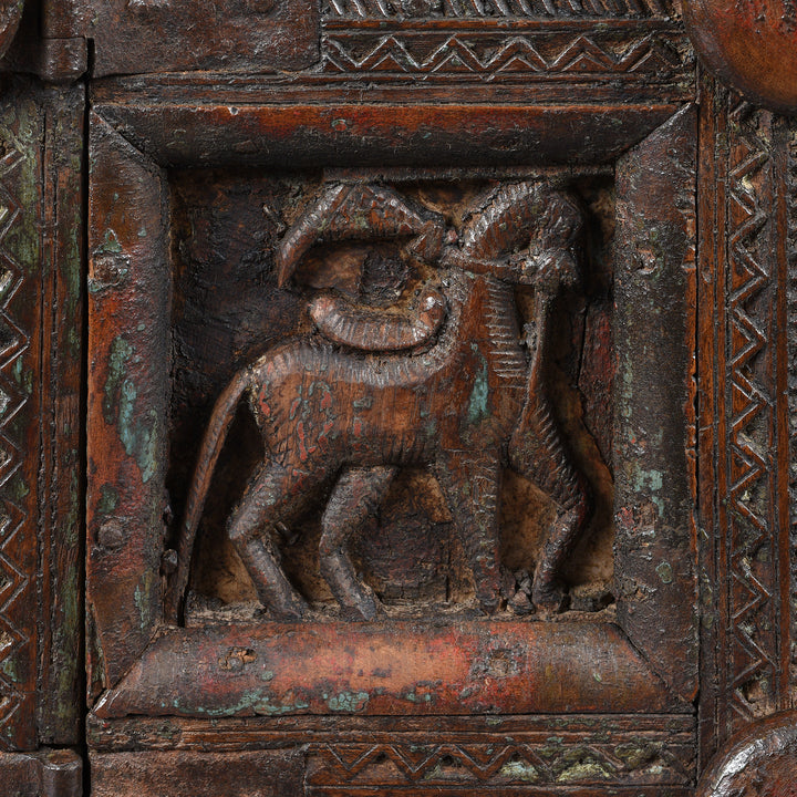 Carving Detail From Antique Indian Teak Majus Dowry Chest From Saurashtra | Indigo Antiques
