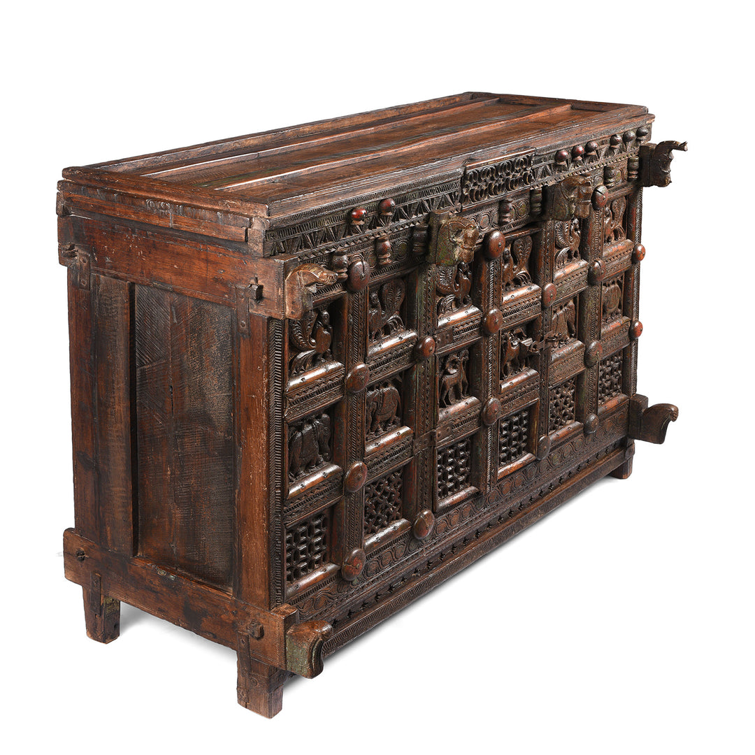Angled View Of Antique Indian Teak Majus Dowry Chest From Saurashtra | Indigo Antiques