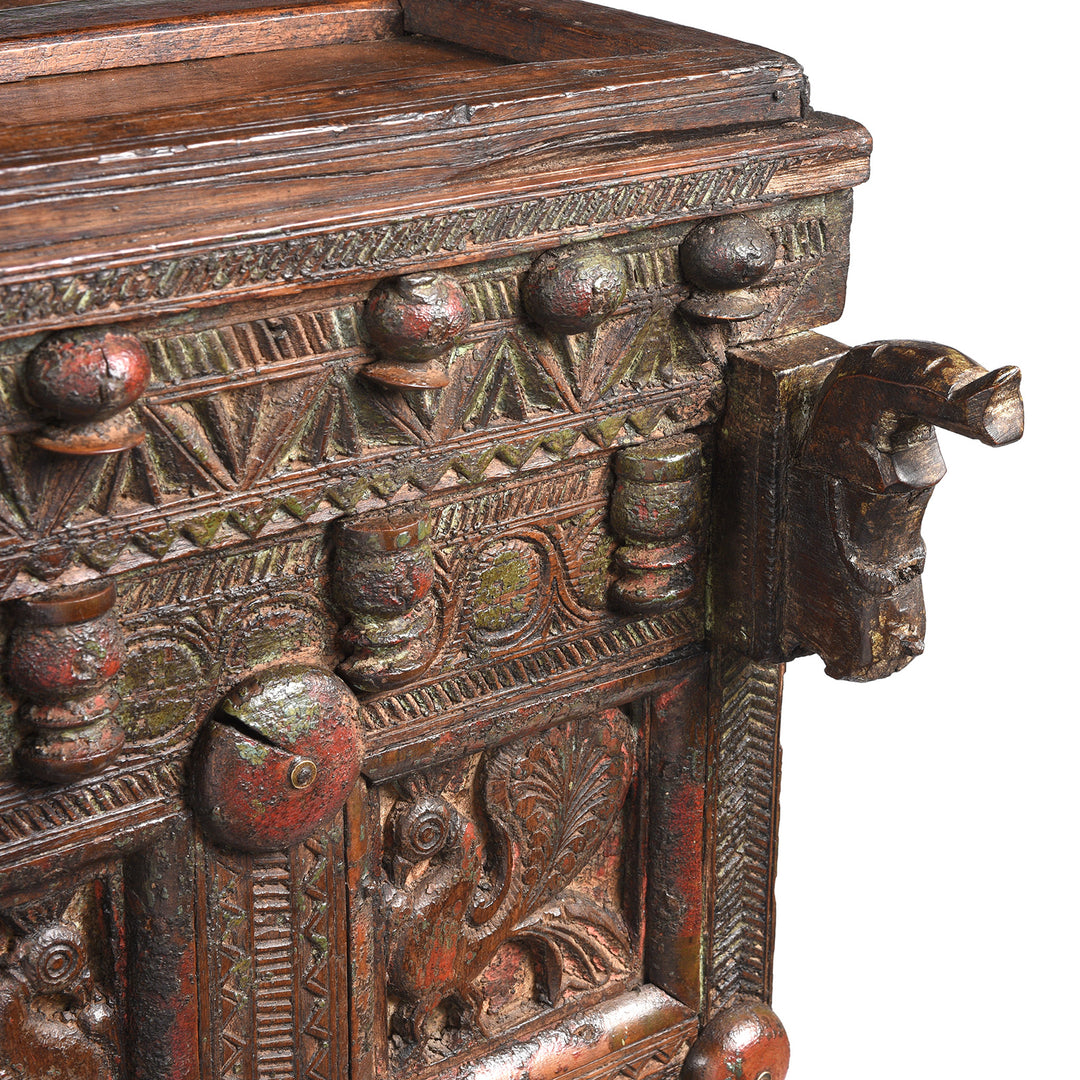 Horse Head Detail From Antique Indian Teak Majus Dowry Chest From Saurashtra | Indigo Antiques