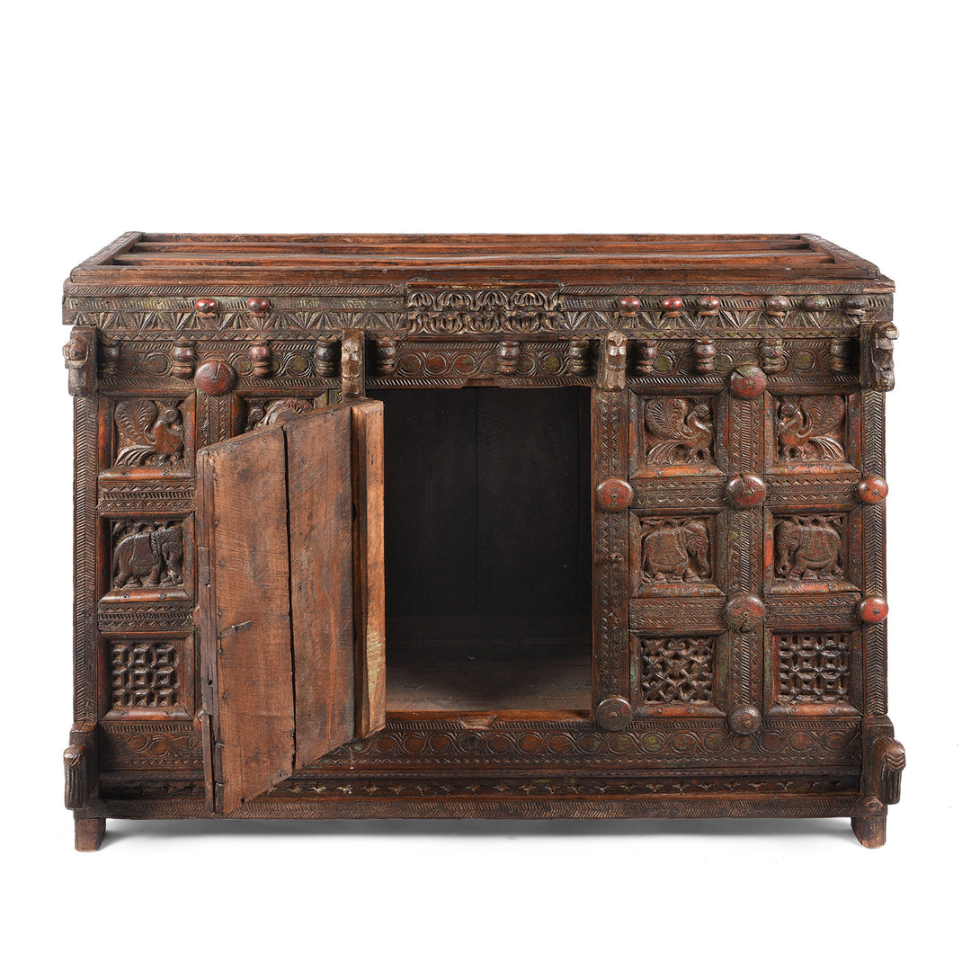 Door Open View Of Antique Indian Teak Majus Dowry Chest From Saurashtra | Indigo Antiques