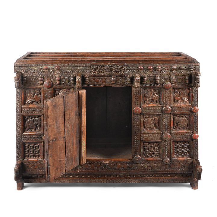 Door Open View Of Antique Indian Teak Majus Dowry Chest From Saurashtra | Indigo Antiques
