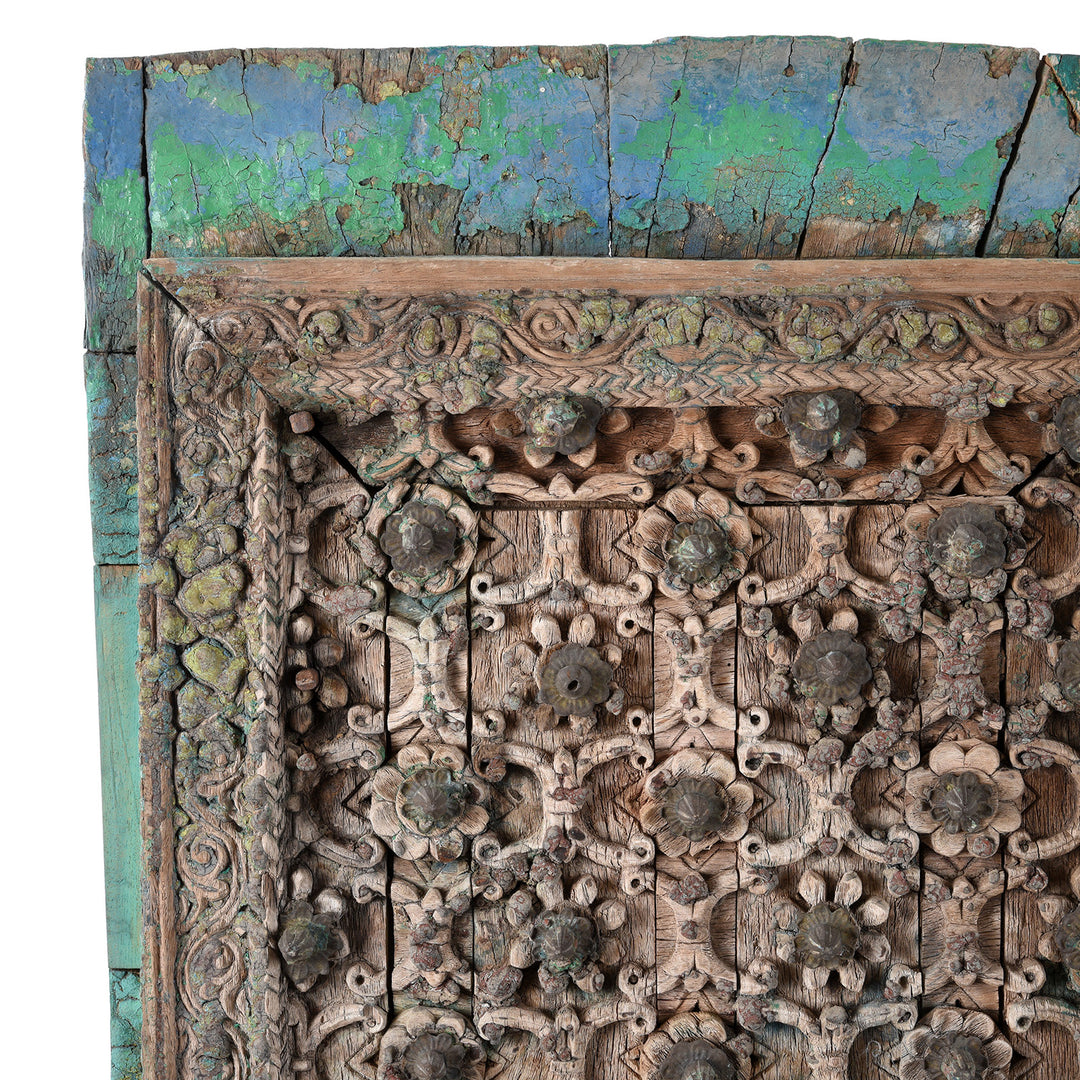 Corner Detail Showing Paint And Carvings On Antique indian Painted Mughal Door | Indigo Antiques