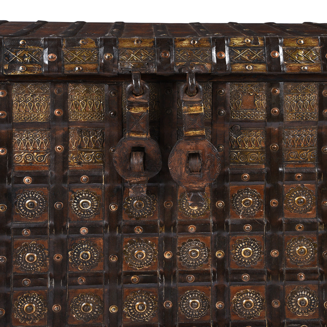 Latch Detail From Antique Brass Bound Pithara Console Chest From Saurashtra | Indigo Antiques