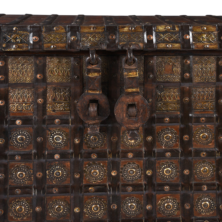Latch Detail From Antique Brass Bound Pithara Console Chest From Saurashtra | Indigo Antiques
