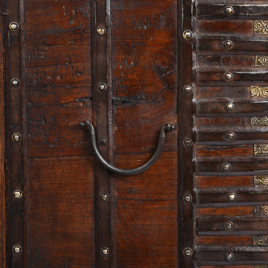 Handle Detail From Antique Brass Bound Pithara Console Chest From Saurashtra | Indigo Antiques