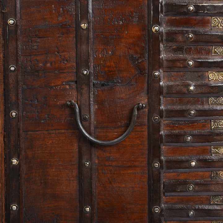 Handle Detail From Antique Brass Bound Pithara Console Chest From Saurashtra | Indigo Antiques