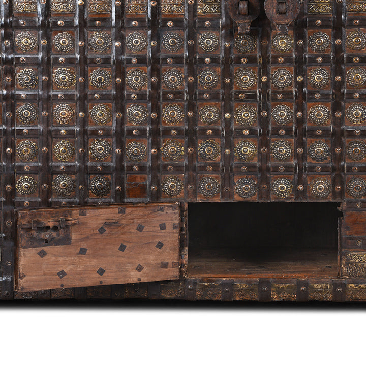 Open COmpartment Detail From Antique Brass Bound Pithara Console Chest From Saurashtra | Indigo Antiques
