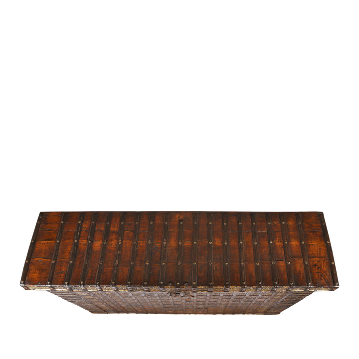 Top Down View Of Antique Brass Bound Pithara Console Chest From Saurashtra | Indigo Antiques