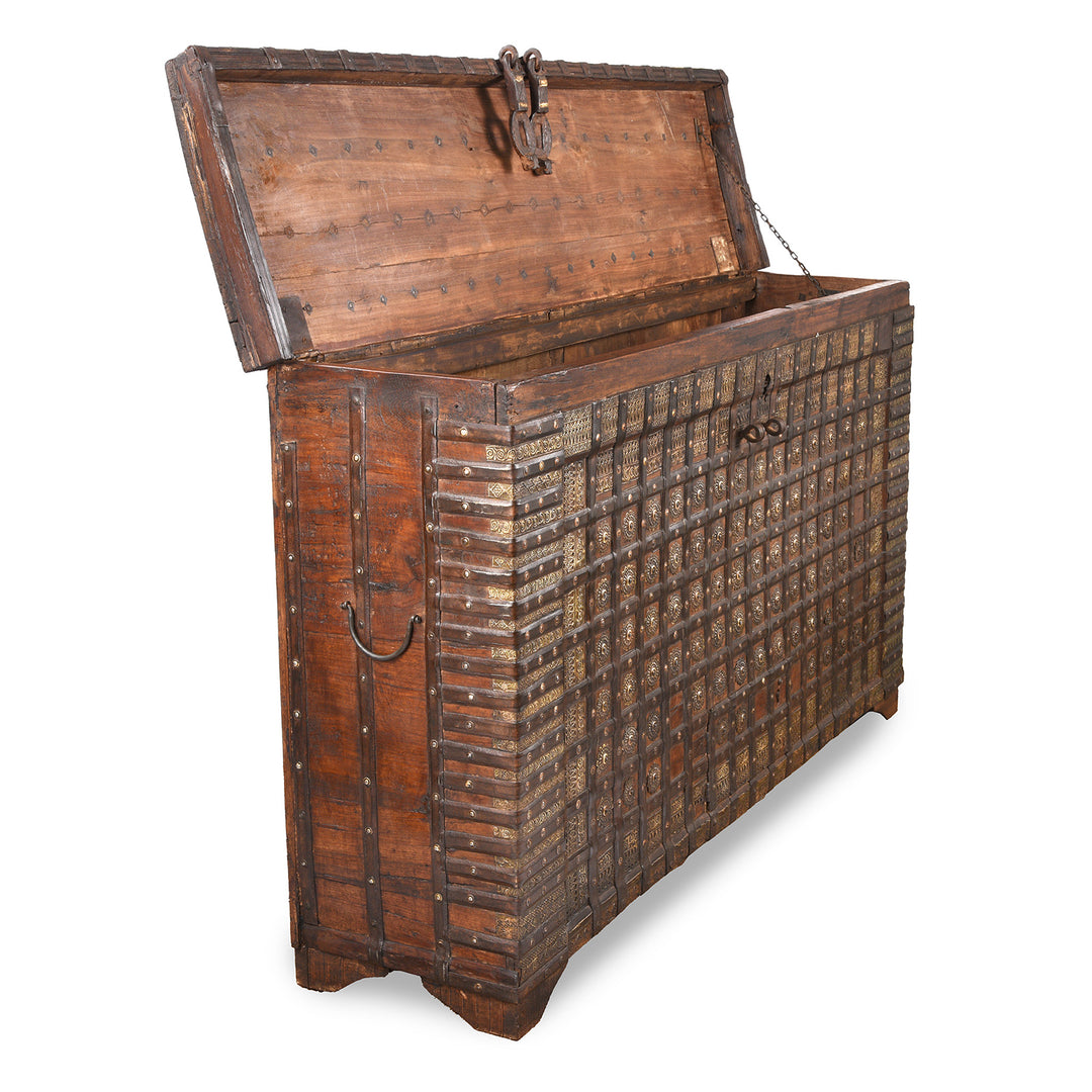 Angled View Of Antique Brass Bound Pithara Console Chest From Saurashtra | Indigo Antiques